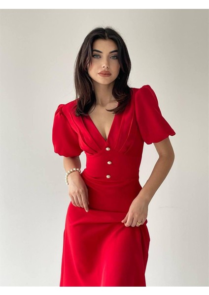 Kırmızı Linda Önü Düğmeli Midi Elbise