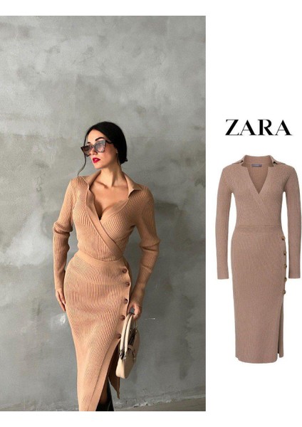 Zora Midi Triko Elbise Bej
