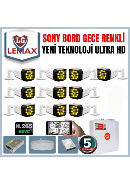 10 Kameralı 5 Mp Gece Renkli 8 Adet Warm LED Yüz ve Araç Algılamalı Güvenlik Kamerası Seti