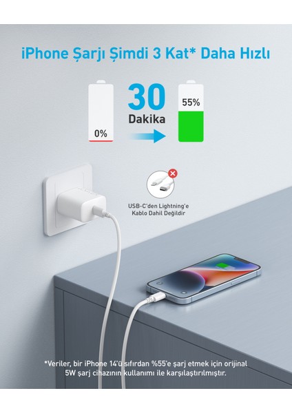 20W USB-C Şarj Cihazı - iPhone & Android ile Uyumlu Type-C Hızlı Şarj Adaptörü-  A2347 - Beyaz (Anker Türkiye Garantili)