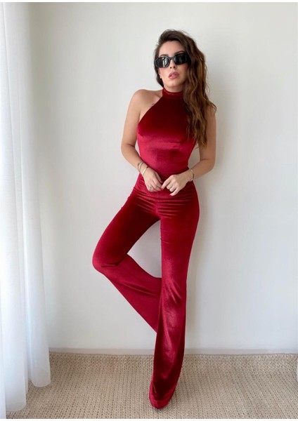 Jena Sırt Dekolteli Halter Yaka Tulum - Kırmızı