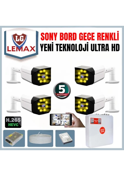 4 Kameralı 5 Mp Gece Renkli 8 Adet Warm LED Yüz ve Araç Algılamalı Güvenlik Kamerası Seti