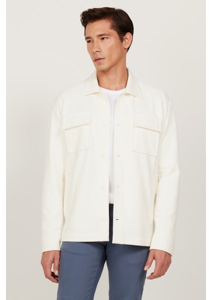 Erkek Ekru Oversize Fit Bol Kesim Klasik Yaka Pamuklu Desenli Gömlek Ceket