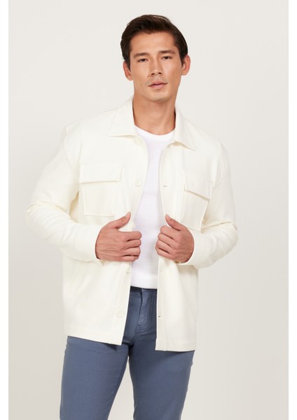 Erkek Ekru Oversize Fit Bol Kesim Klasik Yaka Pamuklu Desenli Gömlek Ceket modelleri