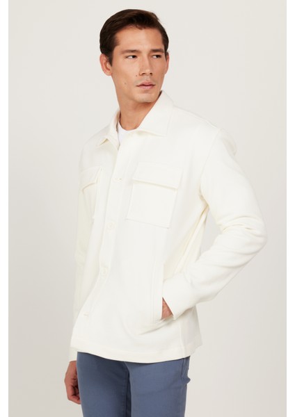 Erkek Ekru Oversize Fit Bol Kesim Klasik Yaka Pamuklu Desenli Gömlek Ceket indirimleri