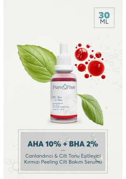 Aha & Bha Canlandırıcı & Cilt Tonu Eşitleyici Kırmızı Peeling Cilt Serumu 30 ml (Aha 10% + Bha 2%)