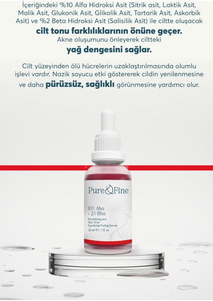 Aha & Bha Canlandırıcı & Cilt Tonu Eşitleyici Kırmızı Peeling Cilt Serumu 30 ml (Aha 10% + Bha 2%)