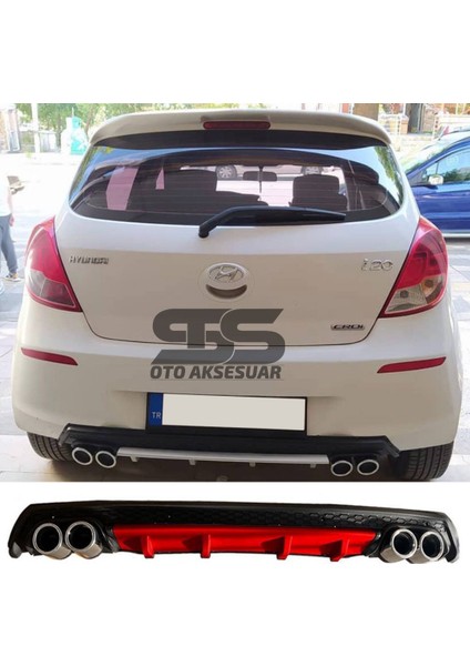 Hyundai I20 Difüzör Arka Tampon Eki 4 Egzoz Çıkışlı Kırmızı Lüx Tip