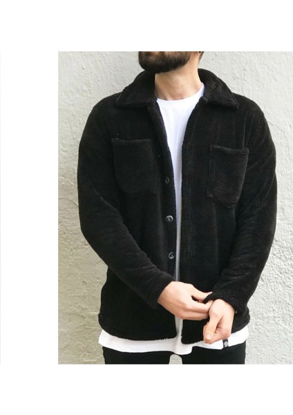 Unisex Siyah Welsoft Çift Cepli Peluş Ceket