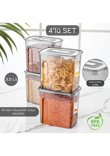 4'lü Lena Etiketli Kapaklı Erzak Saklama Kabı - Bakliyat Kabı Kavanoz 4x3,5 Lt