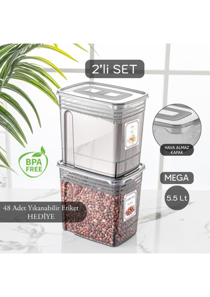 2'li Lena 5,5 Litre Jumbo Boy Un Bakliyat Saklama Kabı- Pratik Kapaklı Düzenleyici Erzak Şeker Kabı
