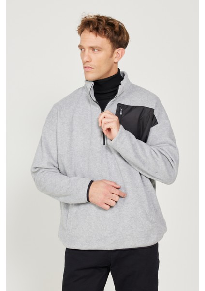 Erkek Gri Melanj Oversize Bol Kesim Dik Bato Yaka Cep Detaylı Fermuarlı Isı Tutan Polar Sweatshirt