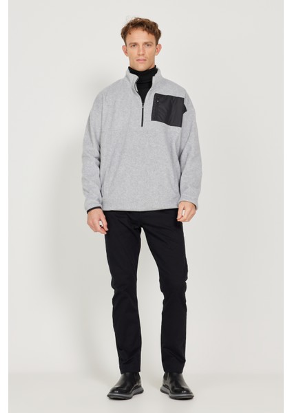 Erkek Gri Melanj Oversize Bol Kesim Dik Bato Yaka Cep Detaylı Fermuarlı Isı Tutan Polar Sweatshirt