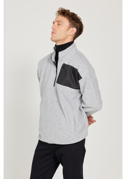 Erkek Gri Melanj Oversize Bol Kesim Dik Bato Yaka Cep Detaylı Fermuarlı Isı Tutan Polar Sweatshirt