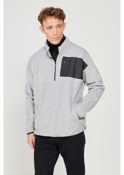 Erkek Gri Melanj Oversize Bol Kesim Dik Bato Yaka Cep Detaylı Fermuarlı Isı Tutan Polar Sweatshirt
