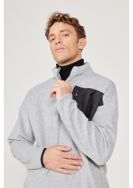 Erkek Gri Melanj Oversize Bol Kesim Dik Bato Yaka Cep Detaylı Fermuarlı Isı Tutan Polar Sweatshirt