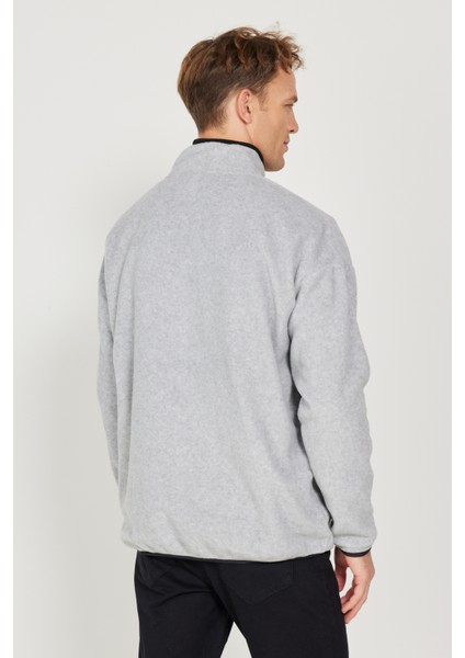 Erkek Gri Melanj Oversize Bol Kesim Dik Bato Yaka Cep Detaylı Fermuarlı Isı Tutan Polar Sweatshirt