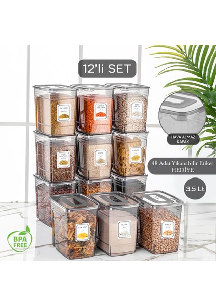 12'li Mega Set - Lena Etiketli Erzak Saklama Kabı - Kiler Dolap Düzenleyici Bakliyat Kabı 12X3,5 Lt