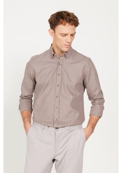 Erkek Bej Slim Fit Dar Kesim Düğmeli Yaka Flanel Oduncu Kışlık Gömlek