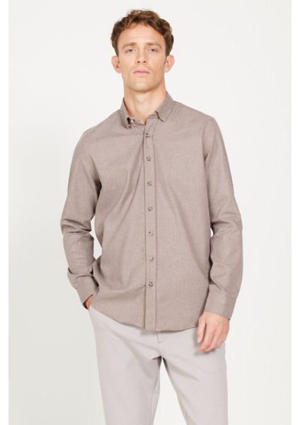 Erkek Bej Slim Fit Dar Kesim Düğmeli Yaka Flanel Oduncu Kışlık Gömlek fırsatları