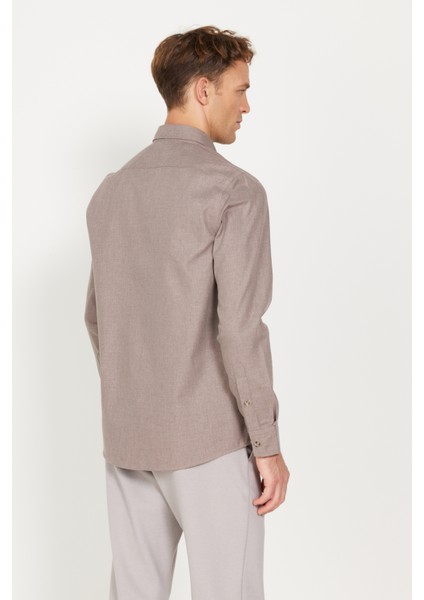 Erkek Bej Slim Fit Dar Kesim Düğmeli Yaka Flanel Oduncu Kışlık Gömlek