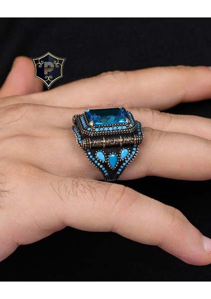 Gümüş Aquamarine Taşlı Zirkon Taş Süslemeli 925 Ayar Gümüş Erkek Yüzüğü modelleri