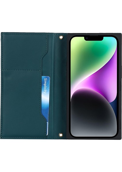 iPhone 14 Için Tam Koruma Eşkenar Dörtgen, Basılmış Telefon Kasası Stand Pu Deri Fermuar Cep Flip Cüzdan Kapağı Omuz Kayış Yeşili (Yurt Dışından)