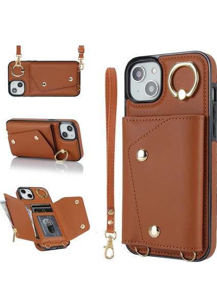 iPhone 14 Için Yüzük Kickstand Case Plus Fermuar Cüzdan Pu Deri Kaplamalı Tpu Cep Telefonu Kapak-Kahverengi (Yurt Dışından)
