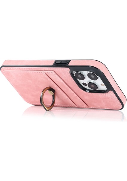 iPhone 14 Pro Max Için 6.7 Inç Retro Telefon Kılıfı Deri Kaplamalı Tpu Halka Tutucu Kickstand Özellik Kart Yuvaları Pink ile Anti-Güz Kabuğu (Yurt Dışından)