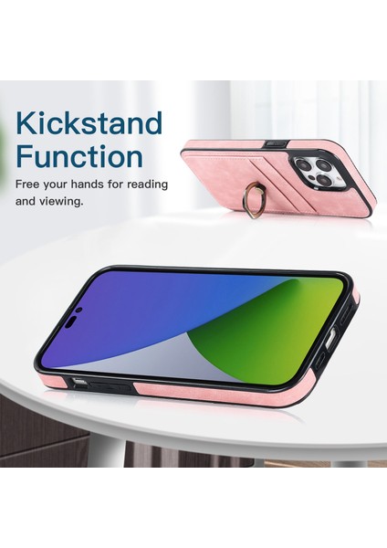 iPhone 14 Pro Max Için 6.7 Inç Retro Telefon Kılıfı Deri Kaplamalı Tpu Halka Tutucu Kickstand Özellik Kart Yuvaları Pink ile Anti-Güz Kabuğu (Yurt Dışından)
