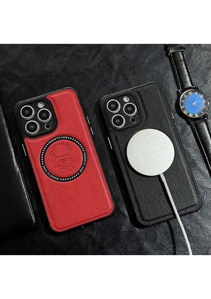 iPhone 14 Pro Max Astronot Deseni Için Baskılı Pu Deri Kaplamalı Tpu+Pc Kasası Magsafe Charer-Black Ile Iyi (Yurt Dışından)