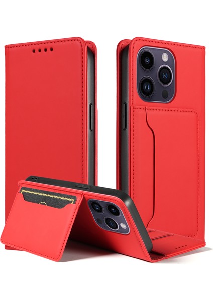 iPhone 14 Pro Max Stand Cüzdan Cilt Dostu Anti-Fall Pu Deri Cep Telefonu Kapak-Kırmızı Için Manyetik Telefon Kılıfı (Yurt Dışından)