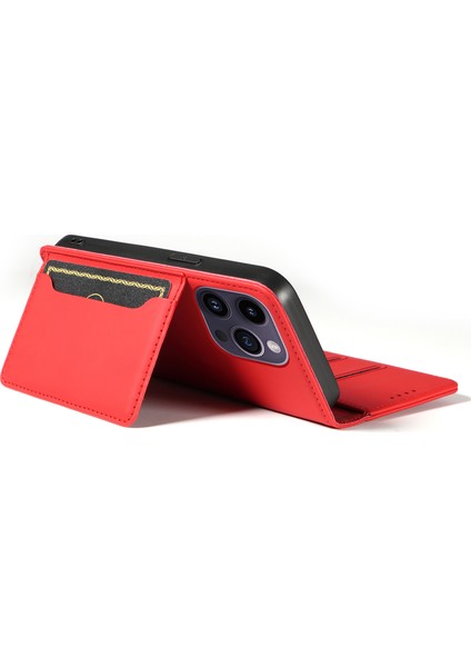 iPhone 14 Pro Max Stand Cüzdan Cilt Dostu Anti-Fall Pu Deri Cep Telefonu Kapak-Kırmızı Için Manyetik Telefon Kılıfı (Yurt Dışından)