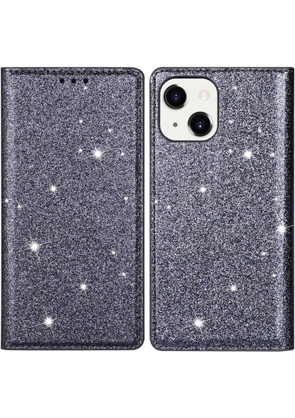 iPhone 14 Için 6.7 Inç Parıltı Payetler Stand Kartı Tutucu Pu Deri Düşme Koruyucu Telefon Kasası Kapak-Gri (Yurt Dışından)