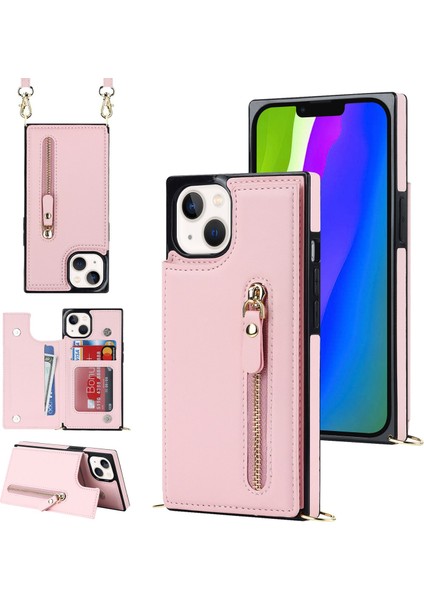 iPhone 14 Için Plus Fermuar Cep Kickstand Tasarım Koruyucu Kapak Çift Manyetik Düğmeler Pu Deri Kaplamalı Tpu Telefon Kılıfı Omuz Kayışı Pembe (Yurt Dışından)