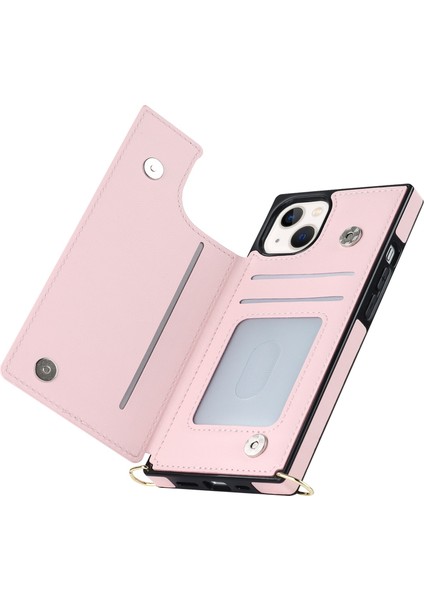 iPhone 14 Için Plus Fermuar Cep Kickstand Tasarım Koruyucu Kapak Çift Manyetik Düğmeler Pu Deri Kaplamalı Tpu Telefon Kılıfı Omuz Kayışı Pembe (Yurt Dışından)