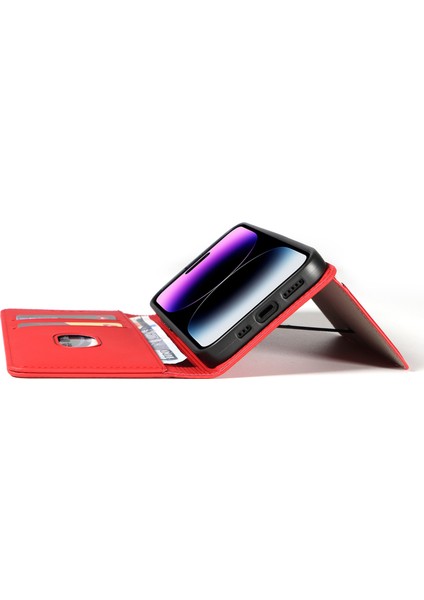 iPhone 14 Pro Max Stand Cüzdan Cilt Dostu Anti-Fall Pu Deri Cep Telefonu Kapak-Kırmızı Için Manyetik Telefon Kılıfı (Yurt Dışından)