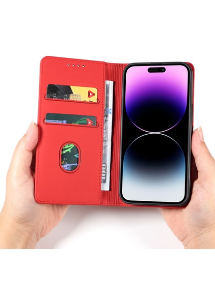 iPhone 14 Pro Max Stand Cüzdan Cilt Dostu Anti-Fall Pu Deri Cep Telefonu Kapak-Kırmızı Için Manyetik Telefon Kılıfı (Yurt Dışından)