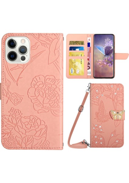 iPhone 14 Pro Max Için Max 6.7 Inç Kelebek Çiçekler Baskılı Rhinestone Dekoru Telefon Kapağı Cüzdan Elsiz Stand Deri Kılıf Omuz Kayışı Pink (Yurt Dışından)