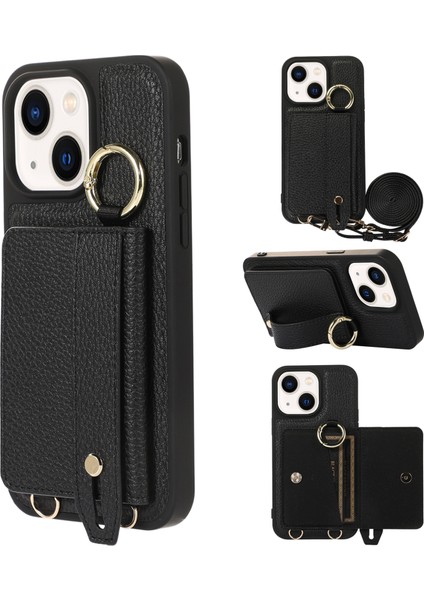 iPhone 14 Için Anti-Drop Kapağı Plus Kart Tutucu El Kayışı Deri+Tpu Telefon Kickstand Case Omuz Kayışı Black (Yurt Dışından)