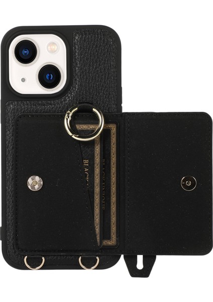 iPhone 14 Için Anti-Drop Kapağı Plus Kart Tutucu El Kayışı Deri+Tpu Telefon Kickstand Case Omuz Kayışı Black (Yurt Dışından)