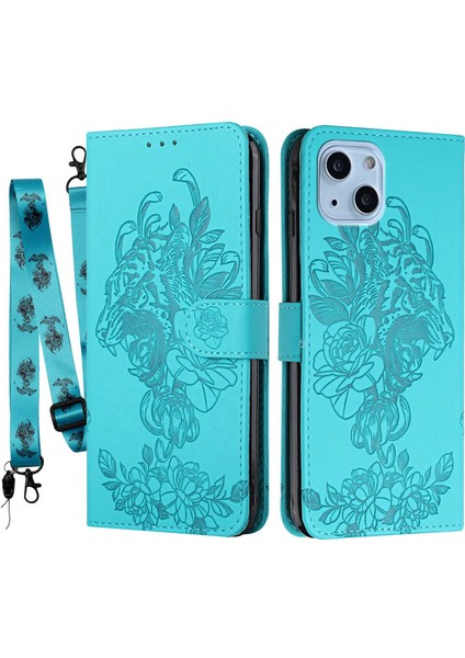 iPhone 14 Için Plus Tiger Deseni Pu Deri Deri Tam Koruma Telefon Kılıfı Stand Cüzdan Kapağı Strap-Baby Mavi (Yurt Dışından)