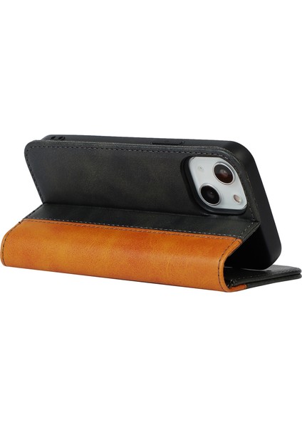 iPhone 14 Için Plus Bi-Renkli Ekleme Buzağı Dokusu Pu Deri Derme Damla Geçirmez Kılıf Manyetik Otomatik Absorlanmış Telefon Cüzdan Stand Kapak Black/sarı (Yurt Dışından) modelleri