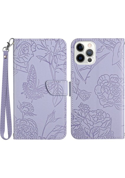 Kelebek Çiçekler iPhone 14 Pro Maks Max 6.7 Inç Stand Cüzdan Anti-Drop Koruma Telefon Kapağı Kullanışlı Kayış Işığı Mor ile (Yurt Dışından)