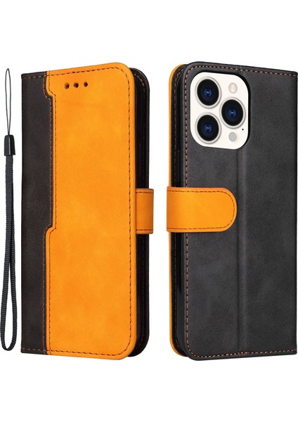 iPhone 14 Pro Max Için 6.7 Inç Iş Tarzı Pu Deri Çift Renkli Ekleme Telefon Cüzdan Kapağı Flip Stand Anti-Drop Case-Orange (Yurt Dışından)