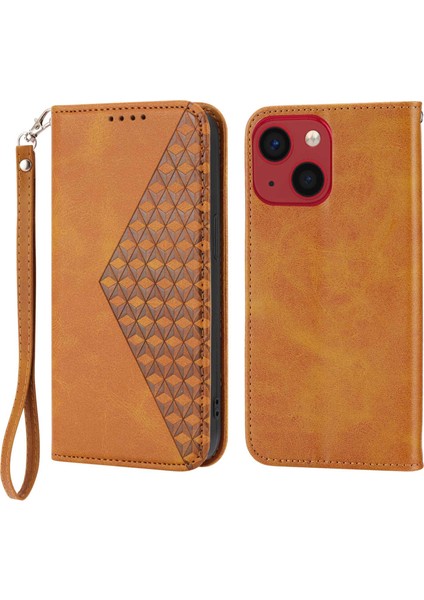 iPhone 14 Için Plus Baskı Için Rhombus Desen Telefon Stand Kapağı Buzağı Dokusu Pu Deri Kılıf Strap-Sarı ile Manyetik Cüzdan (Yurt Dışından)