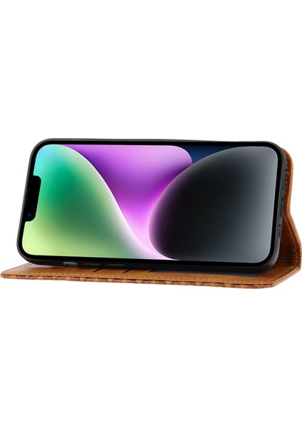 iPhone 14 Için Plus Baskı Için Rhombus Desen Telefon Stand Kapağı Buzağı Dokusu Pu Deri Kılıf Strap-Sarı ile Manyetik Cüzdan (Yurt Dışından) fırsatları