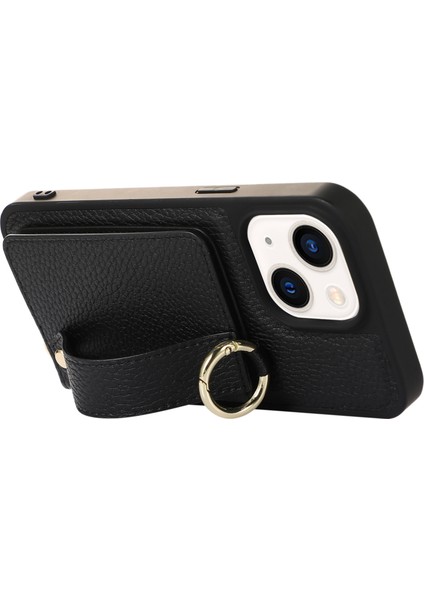 iPhone 14 Için Anti-Drop Kapağı Plus Kart Tutucu El Kayışı Deri+Tpu Telefon Kickstand Case Omuz Kayışı Black (Yurt Dışından)