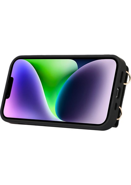 iPhone 14 Için Anti-Drop Kapağı Plus Kart Tutucu El Kayışı Deri+Tpu Telefon Kickstand Case Omuz Kayışı Black (Yurt Dışından)