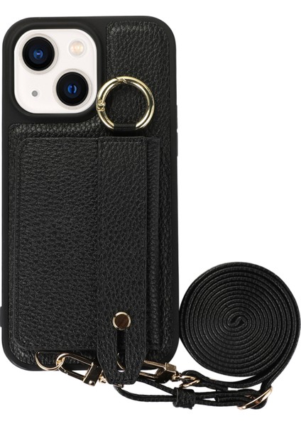 iPhone 14 Için Anti-Drop Kapağı Plus Kart Tutucu El Kayışı Deri+Tpu Telefon Kickstand Case Omuz Kayışı Black (Yurt Dışından)